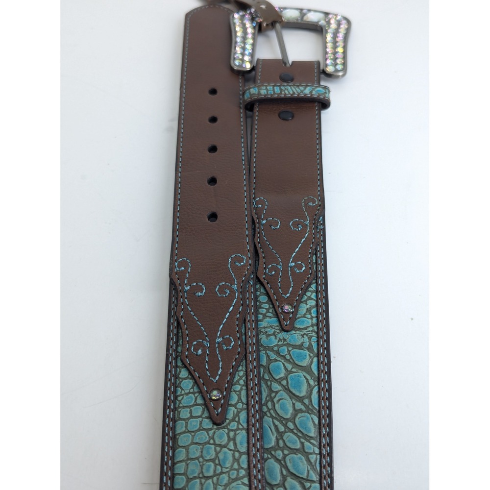 Roper Womens XXL 44/46 Brown Turquoise Leather Rhinestone Western Belt NWT - Picture 3 of 6